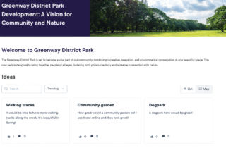 Welcome message for Greenway District Park highlighting community and nature vision.