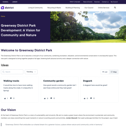 Welcome message for Greenway District Park highlighting community and nature vision.