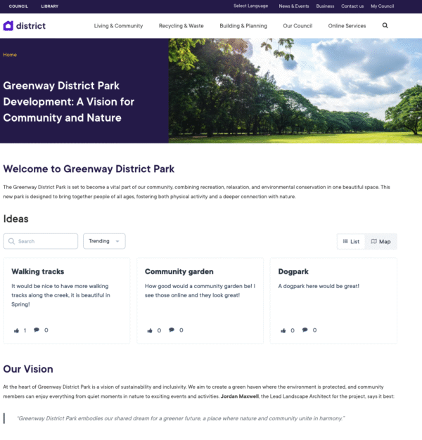 Welcome message for Greenway District Park highlighting community and nature vision.