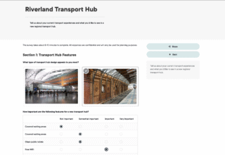 User interface of a survey for the Riverland Transport Hub featuring design options and questions.