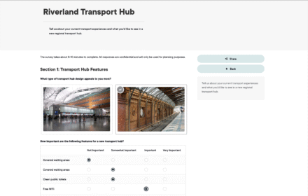 User interface of a survey for the Riverland Transport Hub featuring design options and questions.