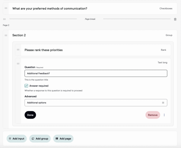 A section of an online survey form asking about preferred communication methods and feedback.