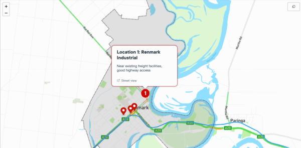 Detailed map showing the Renmark Industrial area with key locations and highway access.