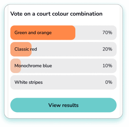 Survey results showing preferences for court colour combinations with percentages for each option.