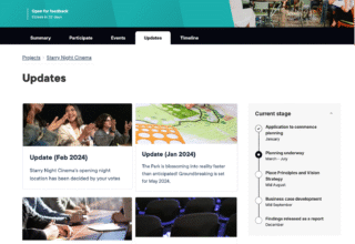 Updates section of the Civio website featuring project announcements and timelines.