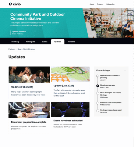 Updates section of the Civio website featuring project announcements and timelines.
