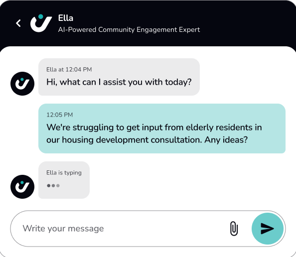 Chatbot interface showing a conversation with an AI-powered community engagement expert named Ella.