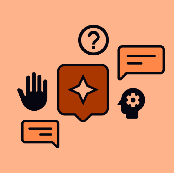 Graphic featuring various icons including a hand, question mark, speech bubbles, and a head with gears.