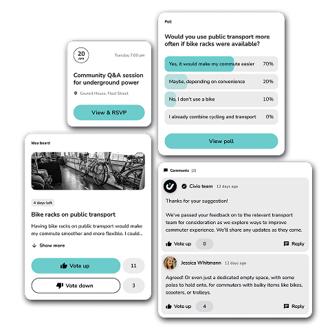 Various user interface elements for a civic engagement platform, including polls and comments.