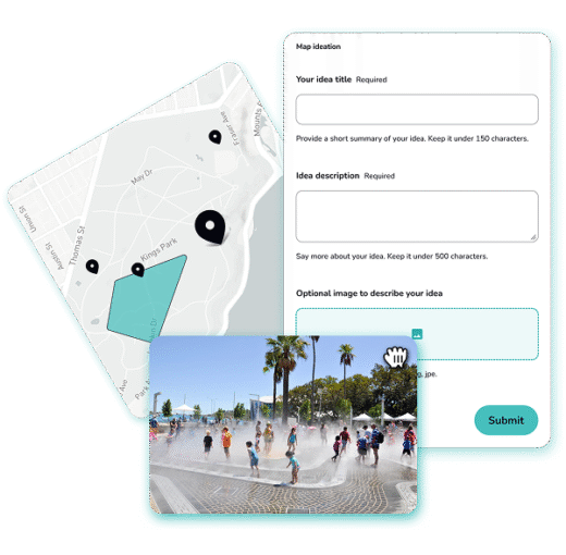 User interface for map ideation featuring a map and input fields for idea title and description.