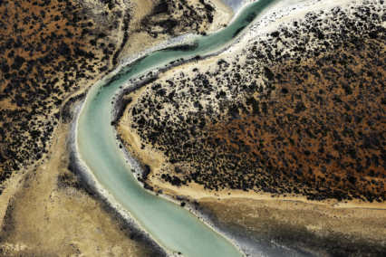 Aerial view of a meandering river flowing through a landscape with contrasting colors.