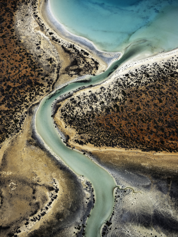 Aerial view of a meandering river flowing through a landscape with contrasting colors.