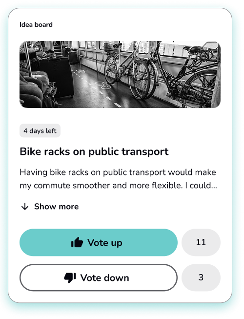 Image of an idea board discussing bike racks on public transport with bicycles in a train setting.
