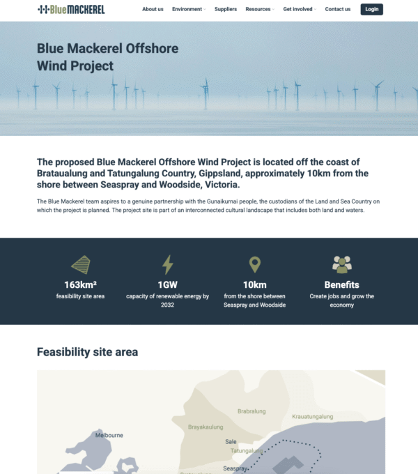 Website screenshot detailing the Blue Mackerel Offshore Wind Project and its location.