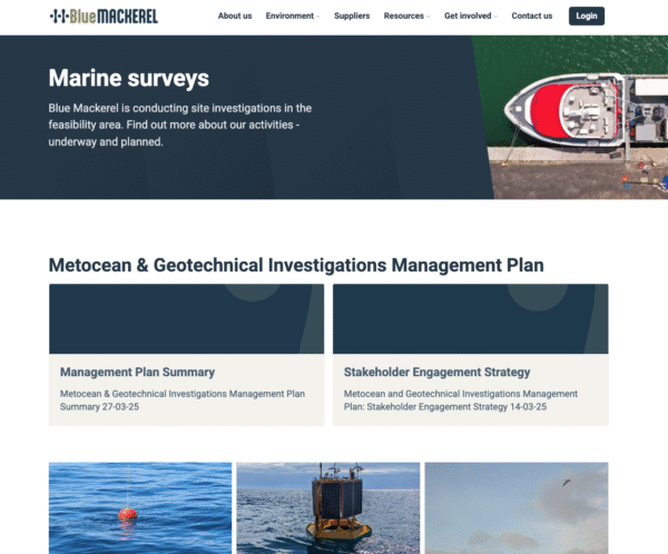 Website screenshot of Blue Mackerel's marine surveys section with navigation links.