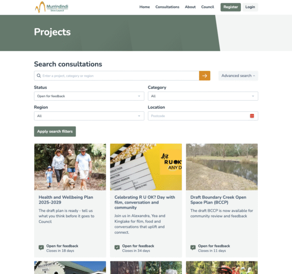 Projects page displaying various consultation topics from the Murrindindi Council website.