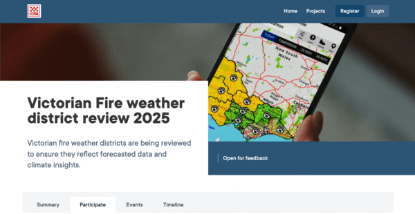 Screenshot of a webpage displaying a map and information about Victorian fire weather districts review for 2025.