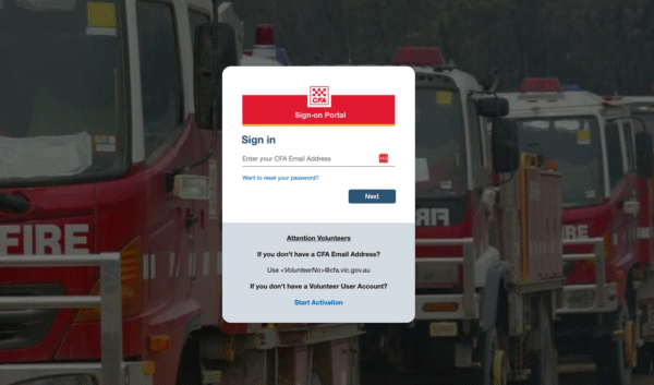 CFA sign-in portal interface with fields for email and password.