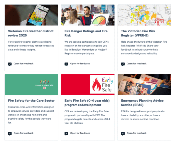 Grid layout displaying various government service initiatives and programs for public feedback.
