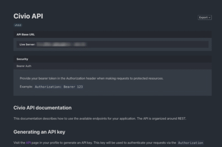 API documentation interface showing authorization and endpoints for Civio's API.