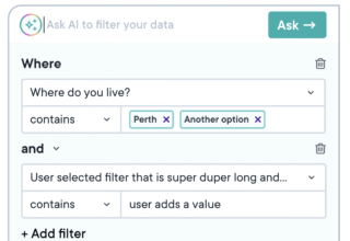 User interface for filtering data with options for location and additional criteria.