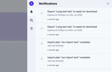 User interface displaying a list of notifications with timestamps and statuses.