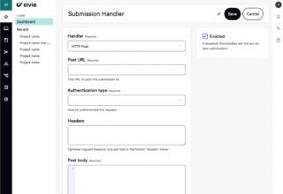 Dashboard interface for a submission handler with various input fields and options.