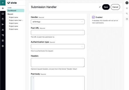 Dashboard interface for a submission handler with various input fields and options.