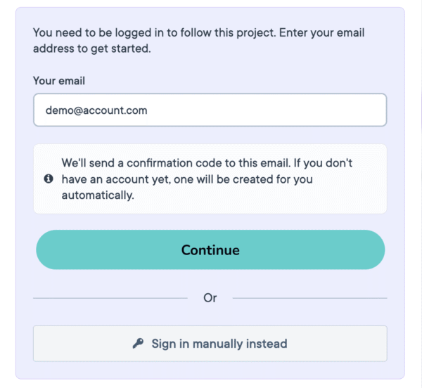 Email sign-up form with fields for email address and confirmation code.