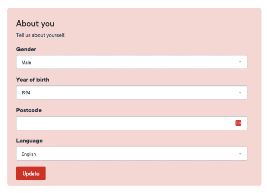 User information form with fields for gender, year of birth, postcode, and language selection.