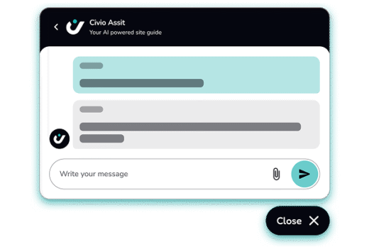 AI chat interface labeled 'Civio Assist' with a message input area and chat bubbles.