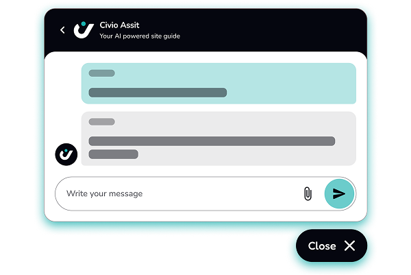 AI chat interface labeled 'Civio Assist' with a message input area and chat bubbles.
