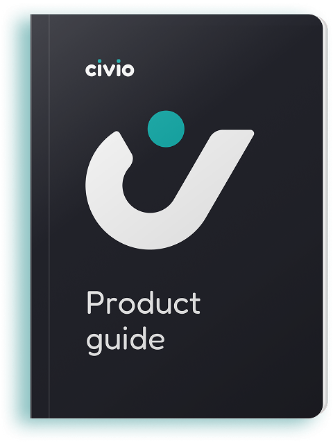 Cover of the Civio Product Guide featuring a logo and the title 'Product guide'.