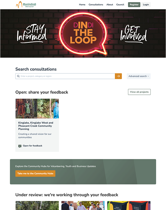 Screenshot of the Murrindindi Shire Council community consultation webpage with various sections and buttons.