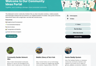 Screenshot of the Community Ideas Portal interface showing various project ideas and focus areas.