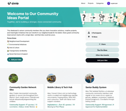 Screenshot of the Community Ideas Portal interface showing various project ideas and focus areas.