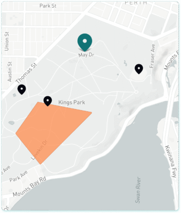 Map showing Kings Park with an orange highlighted area and location markers.
