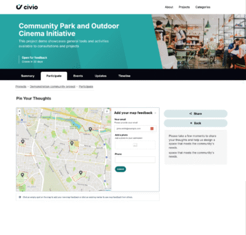User interface displaying a map feedback tool for community projects on Civio's website.