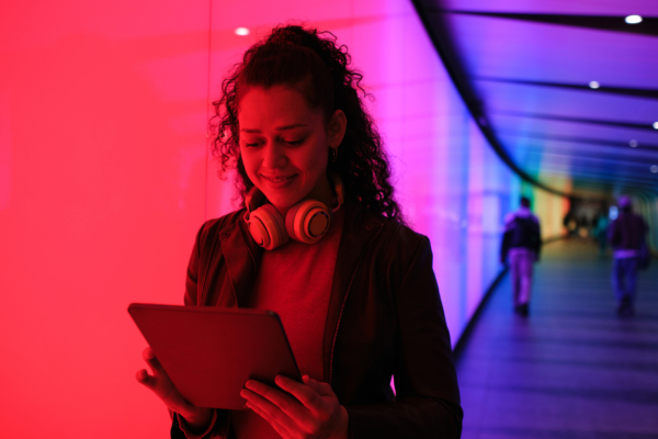 A woman with curly hair and headphones looking at a tablet in a brightly lit corridor.