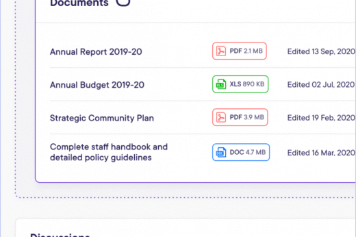 Custom dashboard interface showing a list of documents with file sizes and edit dates.